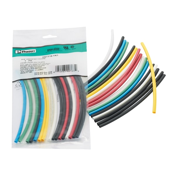 Heat Shrink Tube, Thin Wall, 2:1 I.D. Shrink Ratio, 0.19 in I.D. Before Shrinking, Multicolor, 6 in